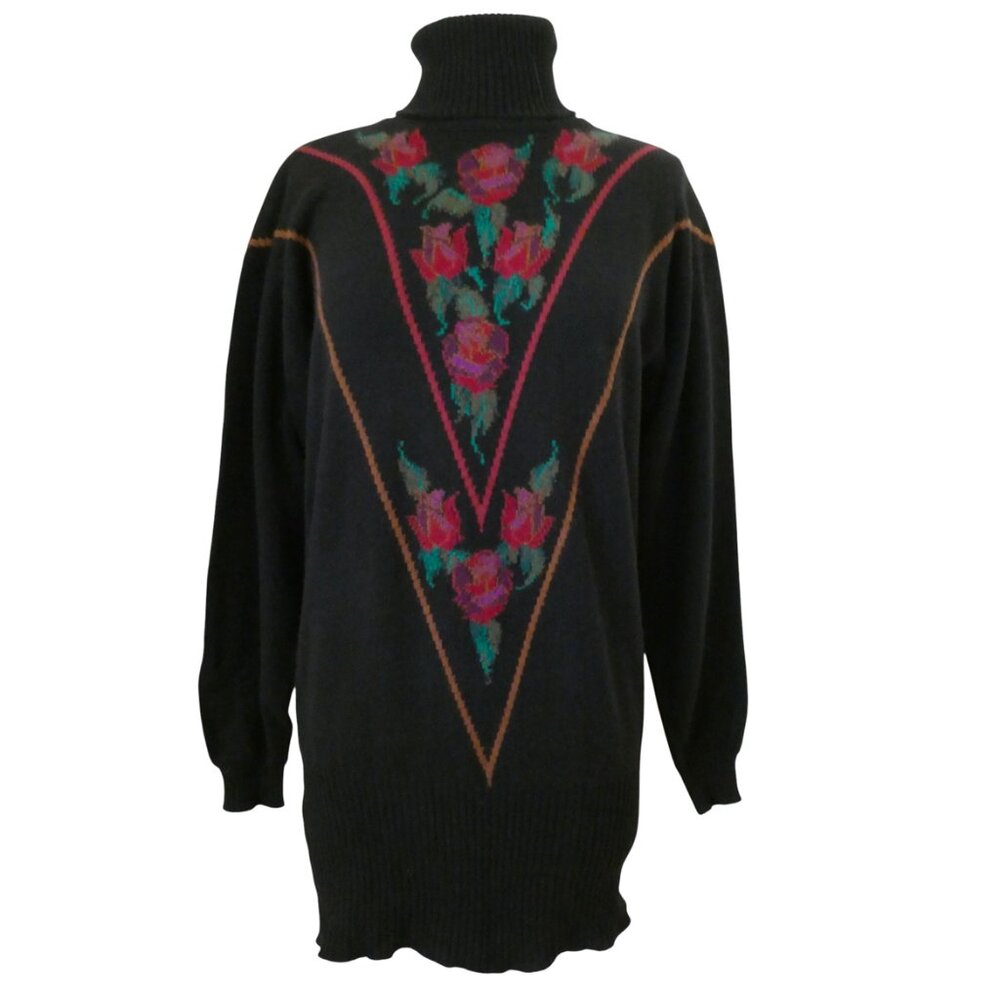 vtg BERK Floral Intarsia Cashmere turtleneck tunic sweater sz 40 L Scotland